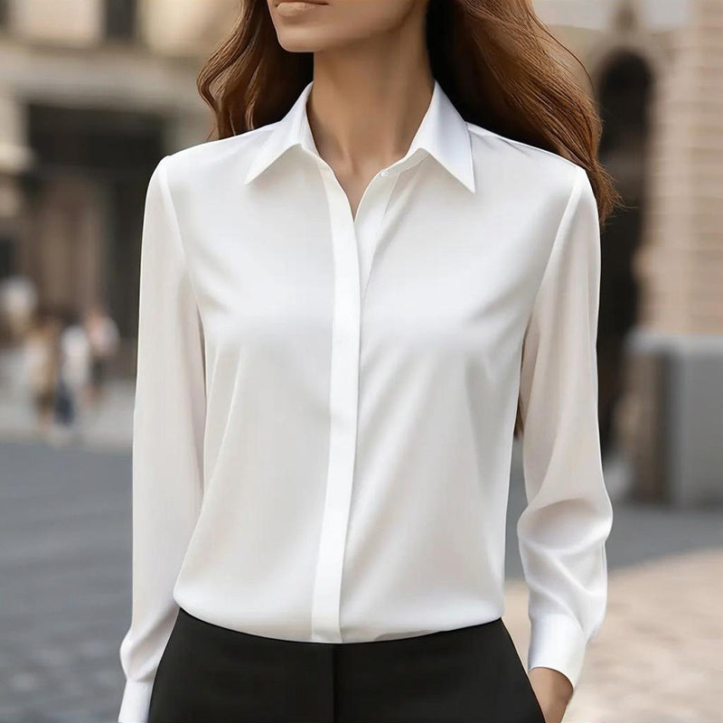 Blusa de satén de corte holgado — Túnica de manga larga con cuello en V para oficina y uso casual
