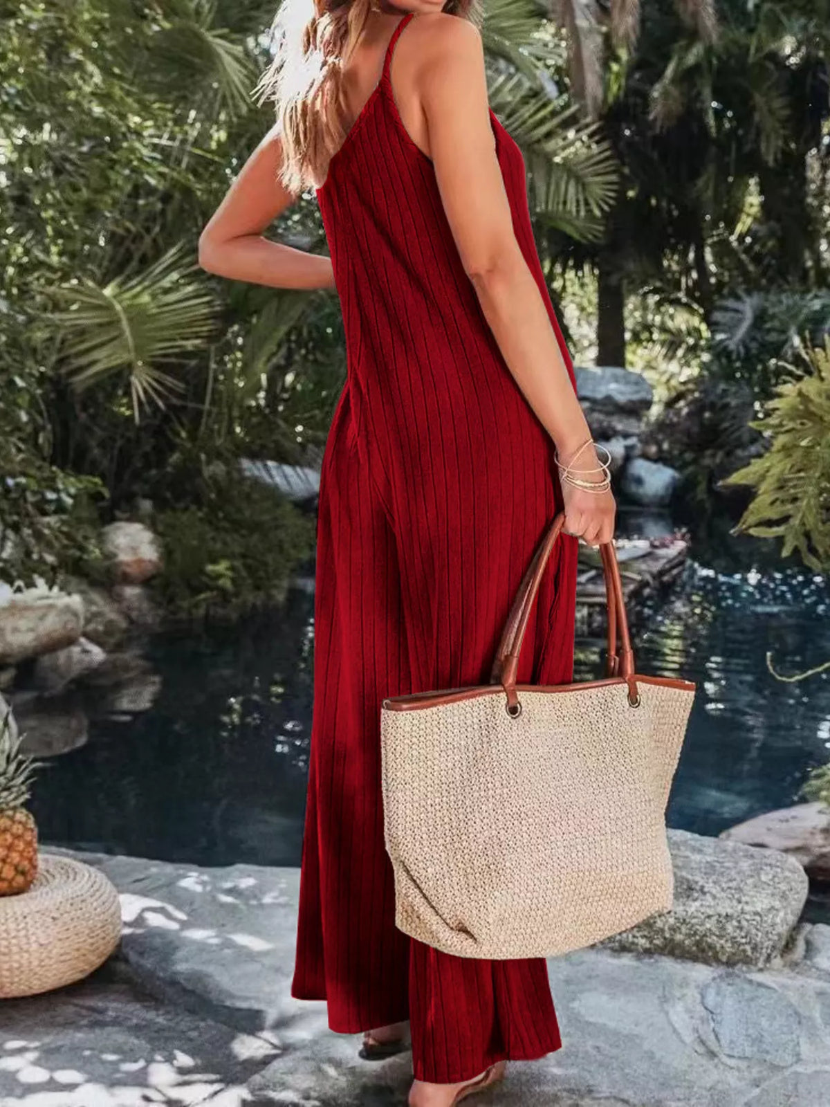 Ribbed V-Neck Wide Leg Jumpsuit