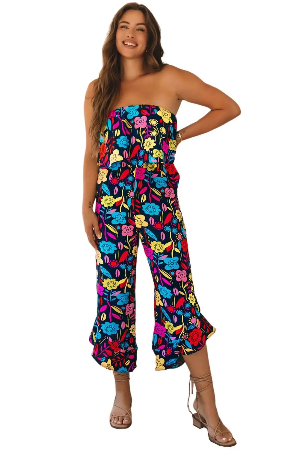 Pants Love Salve Red Tropical Jumpsuit Women's Summer Daily Strapless Ruffled Wide Leg