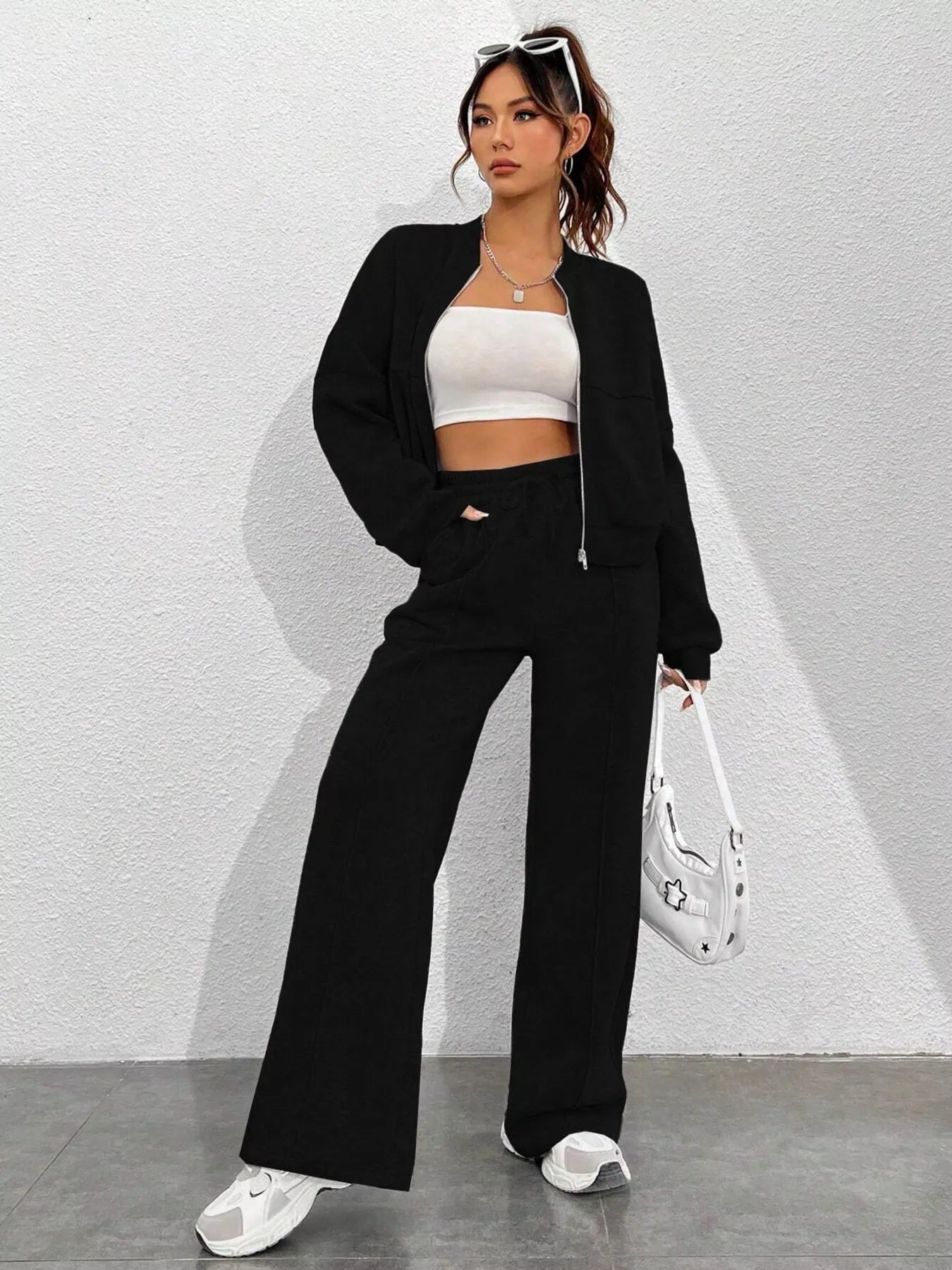 Conjunto de chaqueta con cremallera de color liso informal y pantalones de pernera ancha