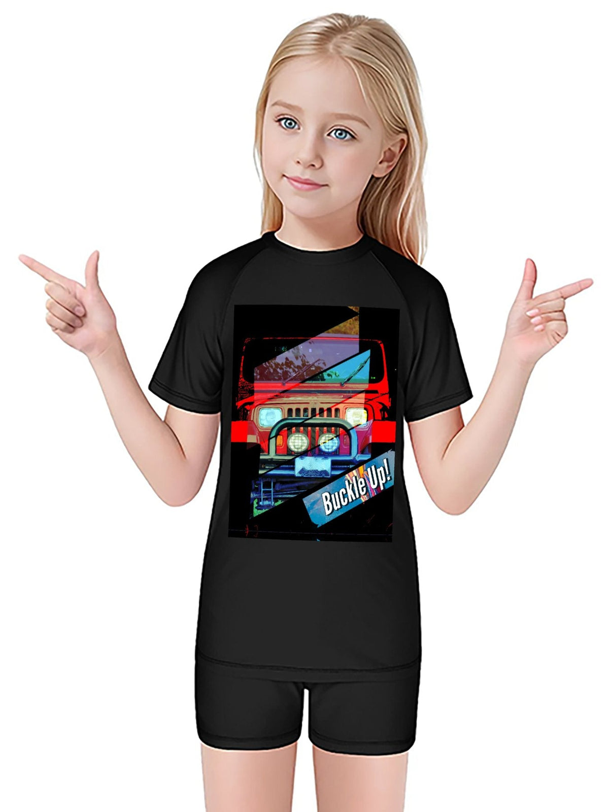 Buckle Up! 4-wheel Drive Short Sleeved 2-piece Swimsuit for Children