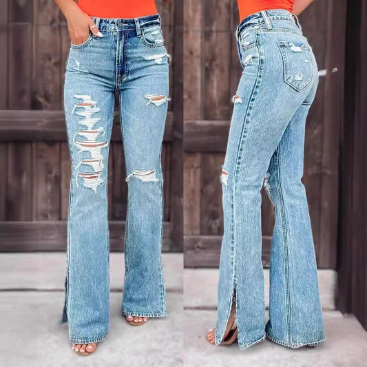 Pantalones vaqueros de mujer de talle alto rotos ligeramente elásticos con aberturas