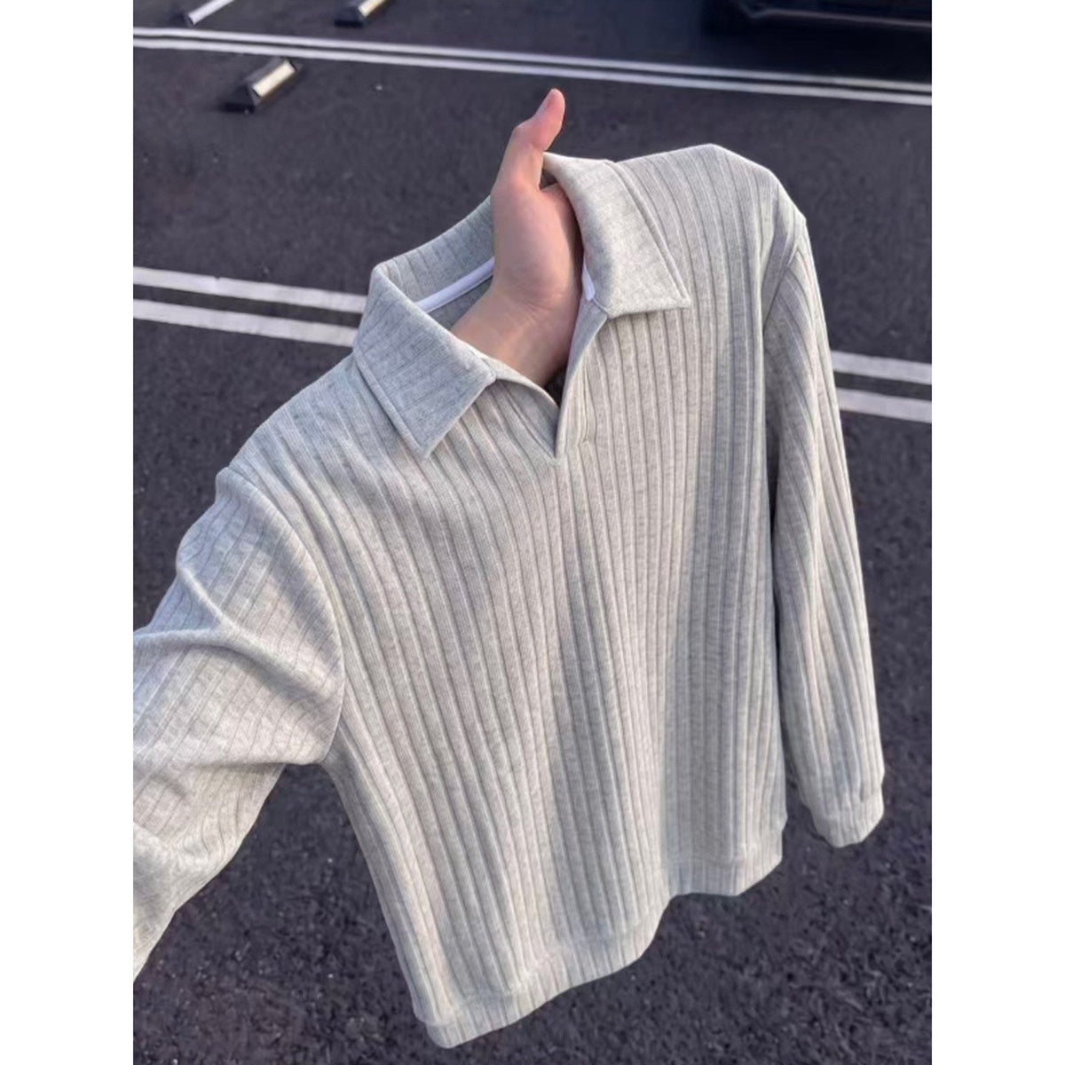 Old-money-style Vertical-striped Knit Mens American-style Long-sleeve Sweatshirt
