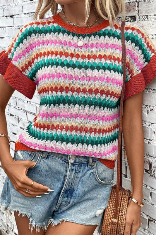 Suéter de manga corta con cuello redondo en contraste