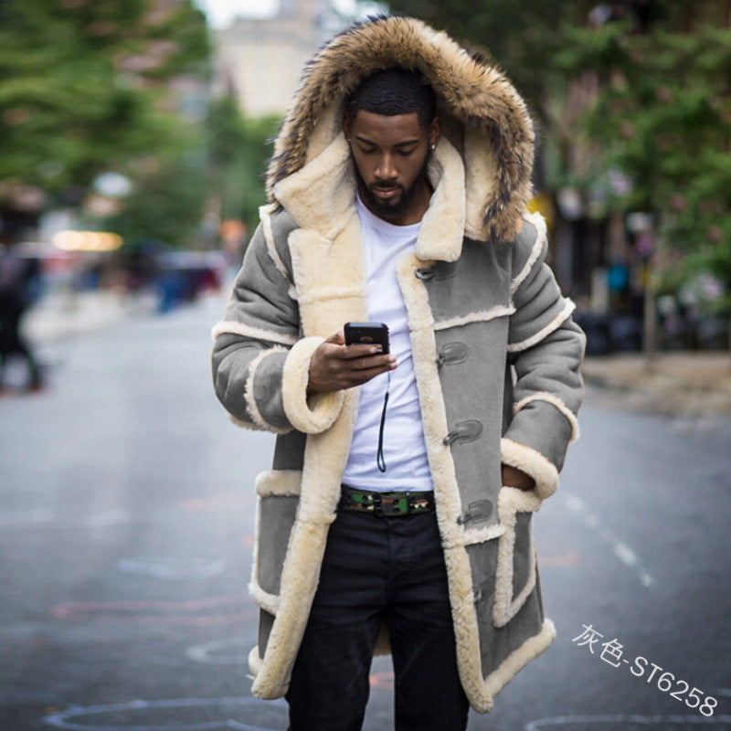 Men's Solid Color Stitching Casual Slim Lapel Hooded Jacket