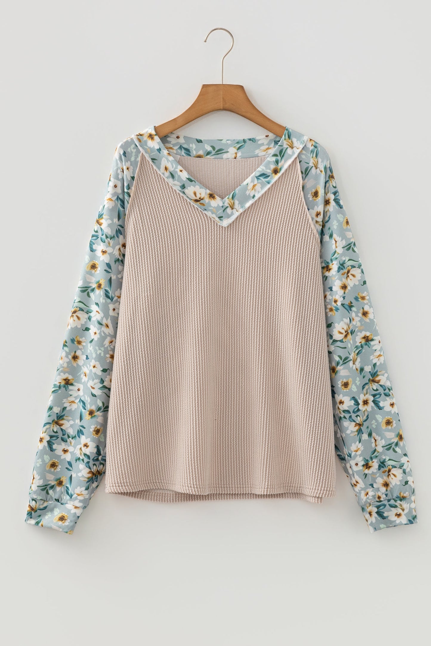 Camisa de manga larga con diseño floral acanalado en contraste y retazos Parchment Twist