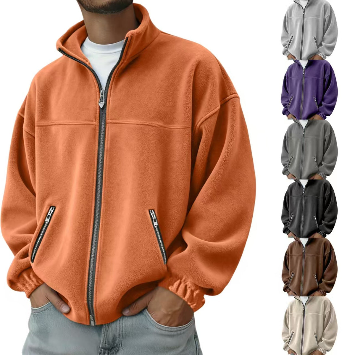 Fleece Stand-up Collar Zip-up Hoodie Casual Jacket