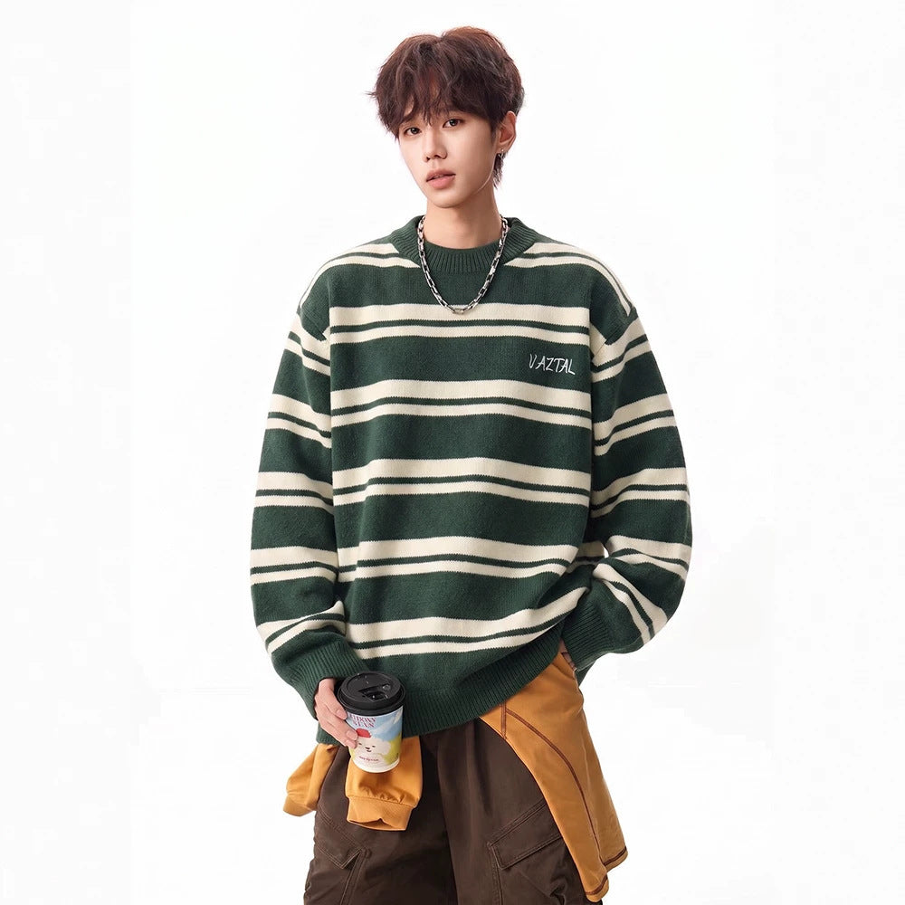 Men's FallWinter Color-Block Crew-Neck Striped Sweater