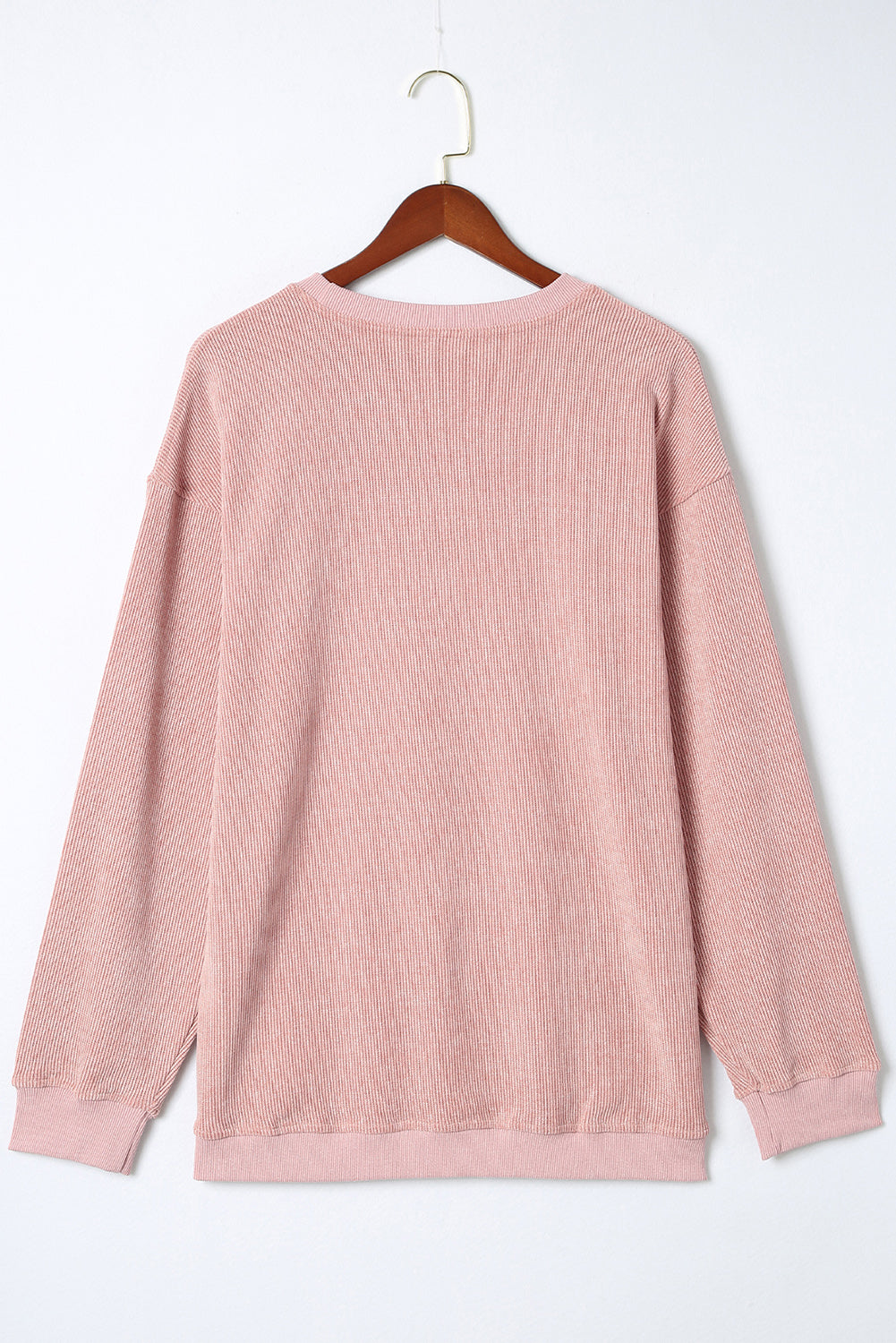 Sudadera Rosa Sólida de Punto Acanalado y Cuello Redondo