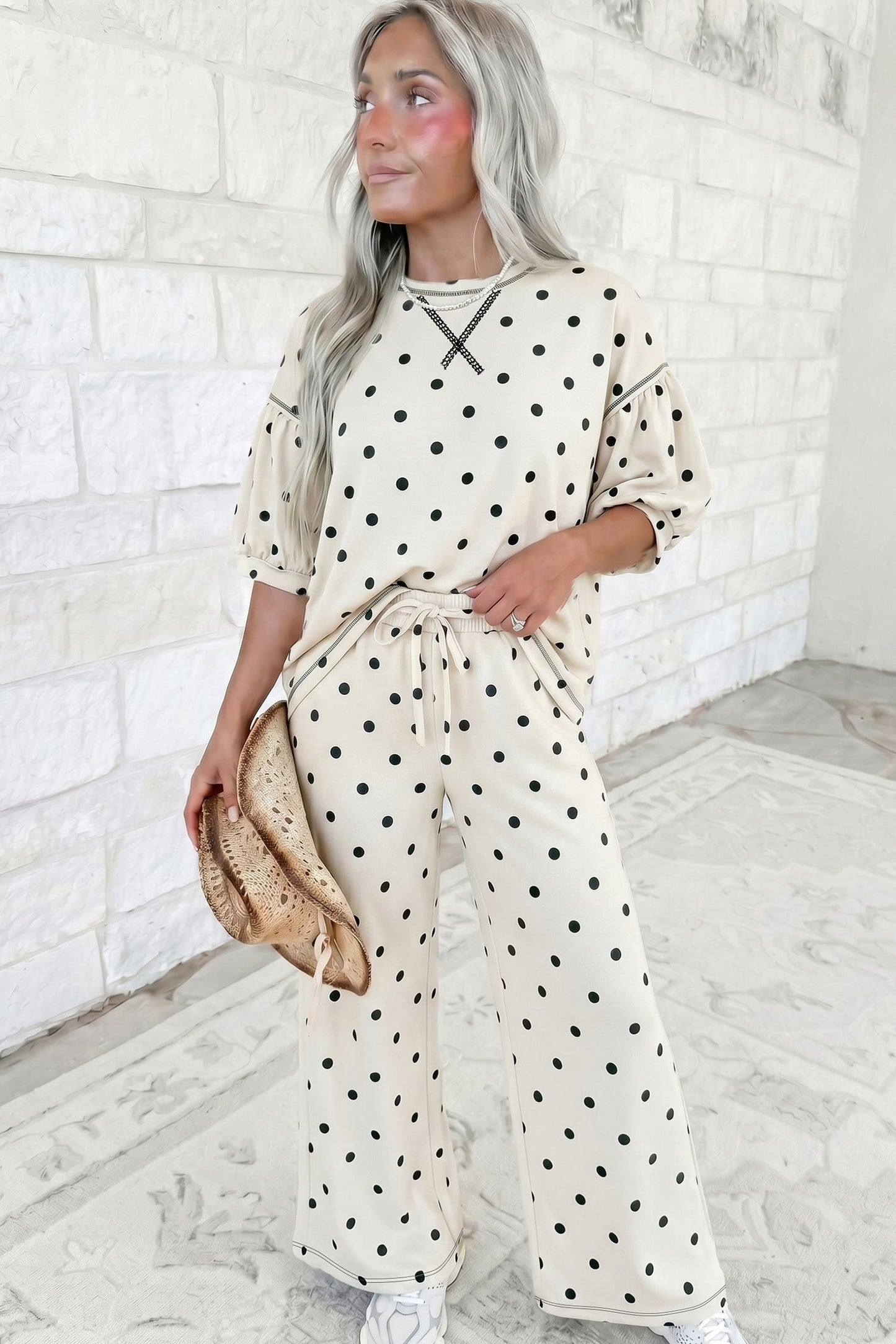 Black Polka Dot Half Sleeve Loose Top Elastic Waist Casual Pants Set