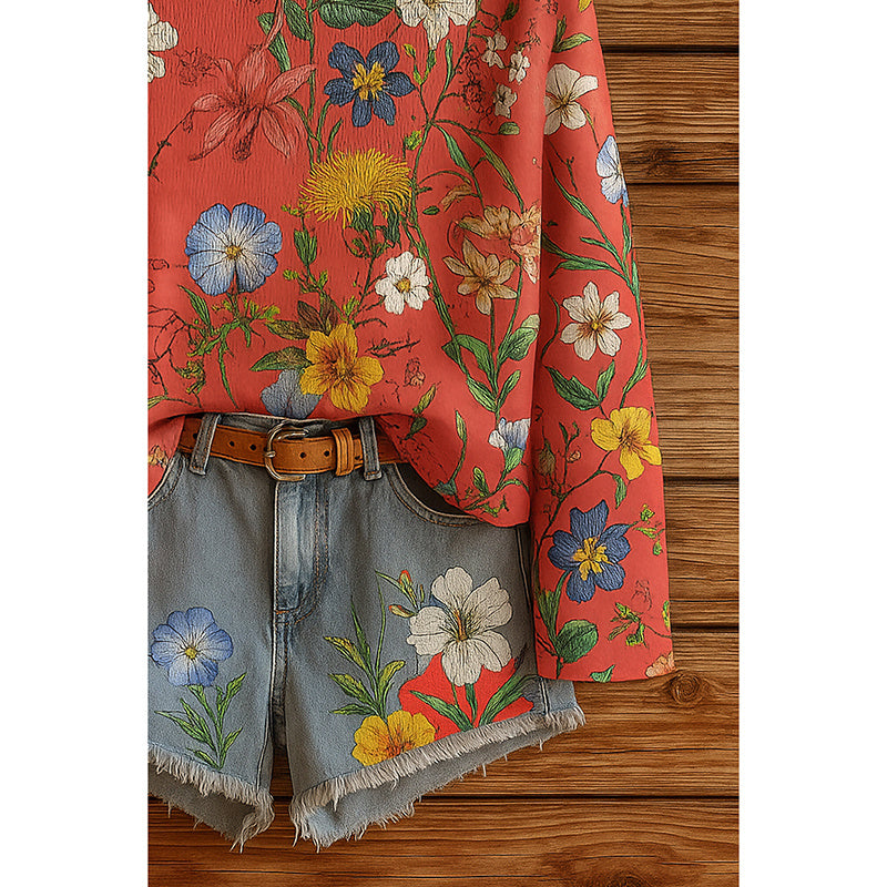 Camiseta de manga larga con estampado floral silvestre de otoño para mujer