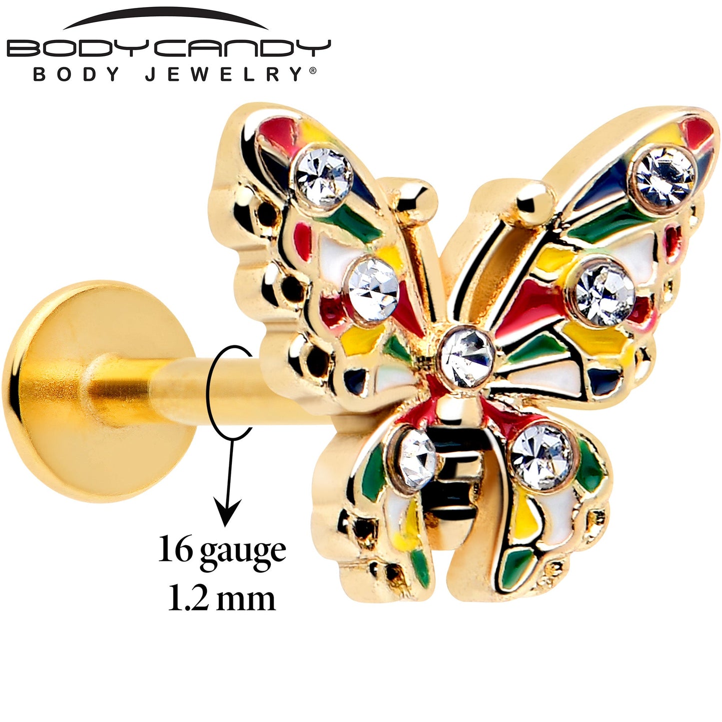 16G 5/16 Clear Gem Gold Tone Color Block Butterfly Labret Tragus