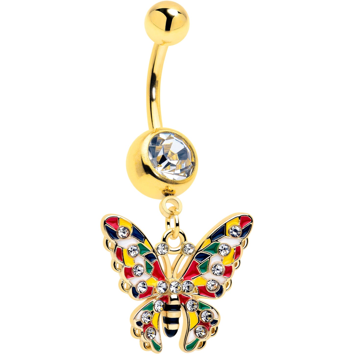 Clear Gem Gold Tone Color Block Butterfly Dangle Belly Ring