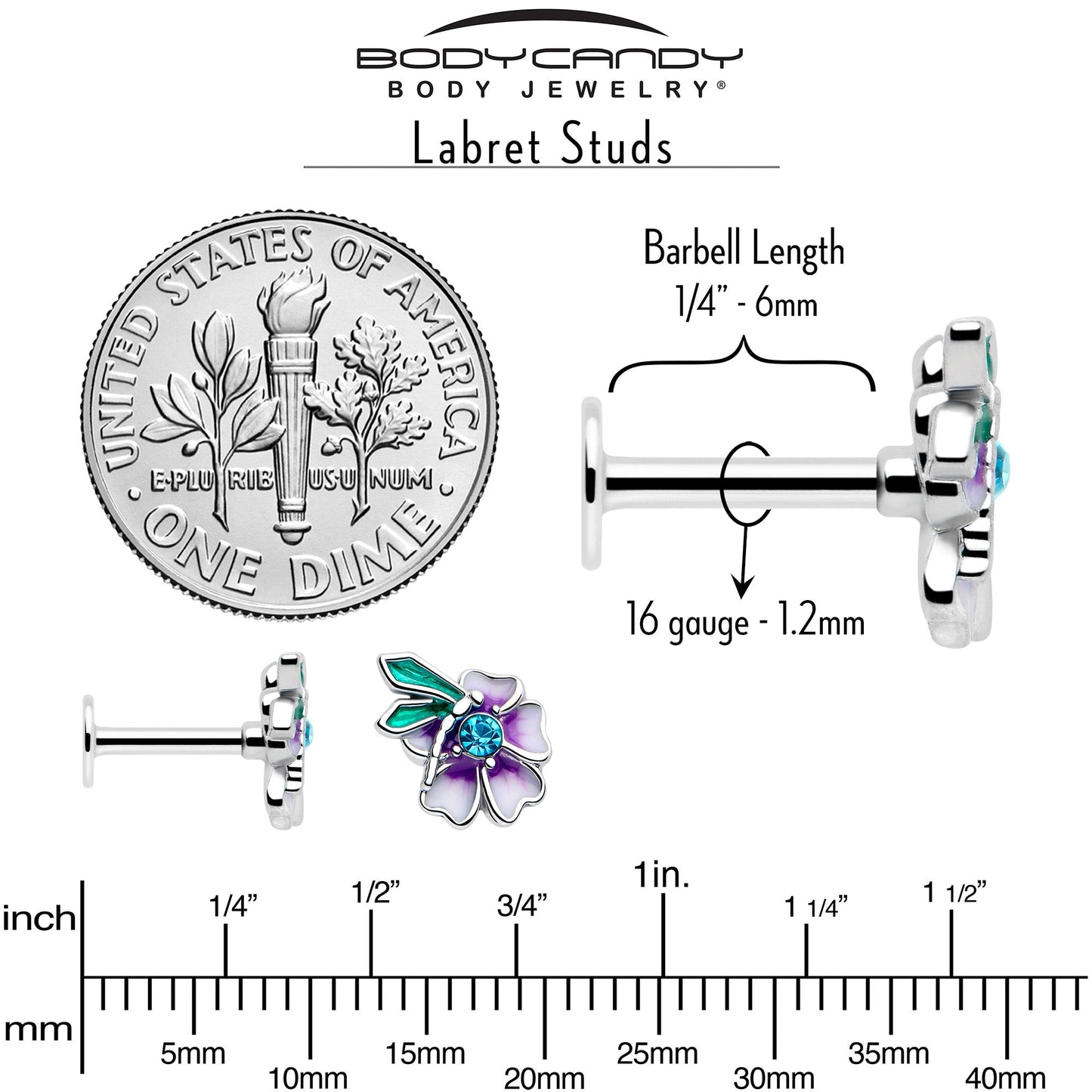 16G 1/4 Blue Gem Faerie Flower Purple Labret