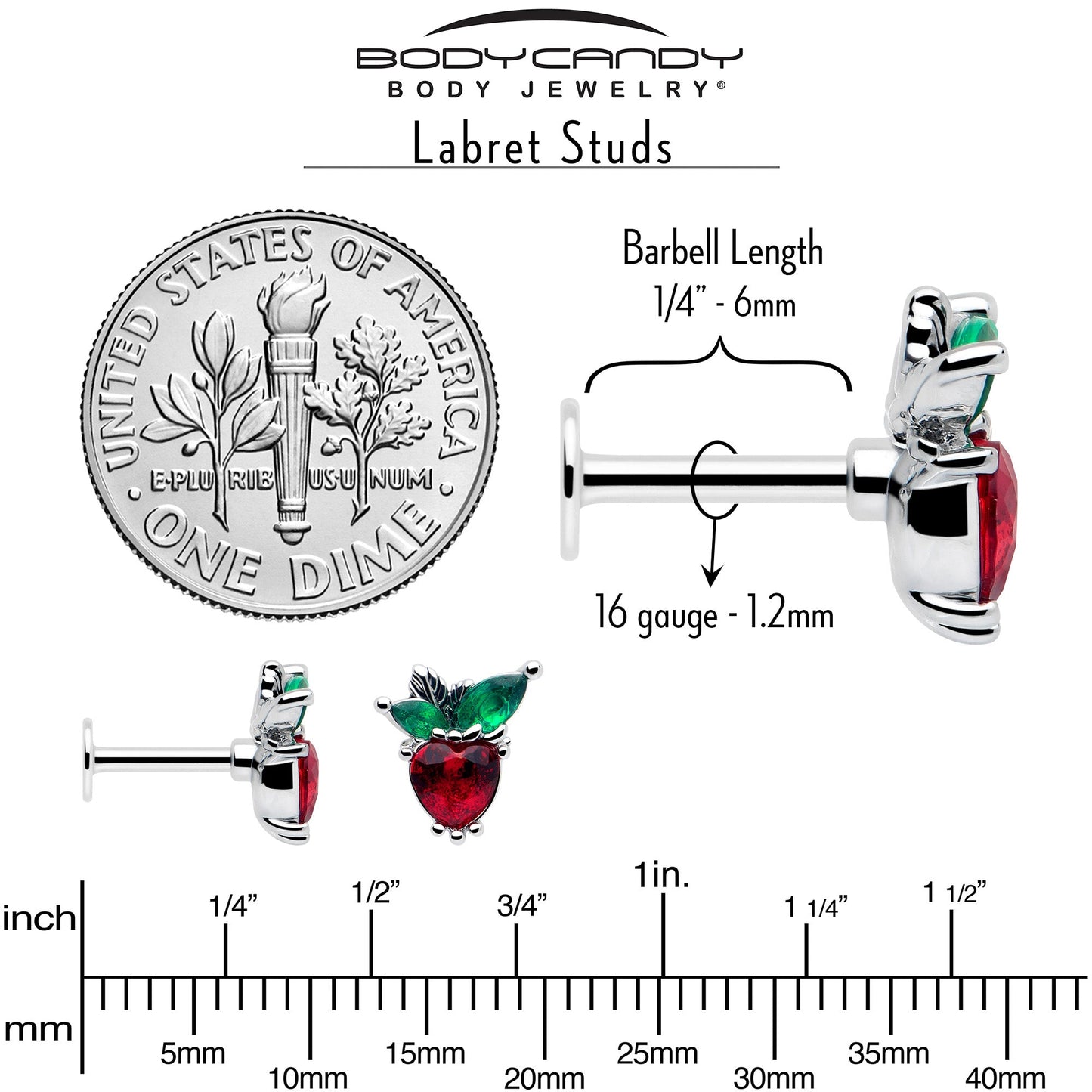 16G 1/4 Red Green Gem Strawberry Heart Labret