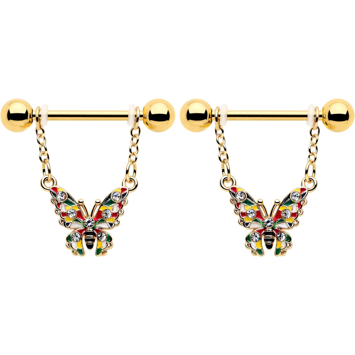 14G 9/16 Clear Gem Gold Tone Color Block Butterfly Dangle Nipple Ring Set