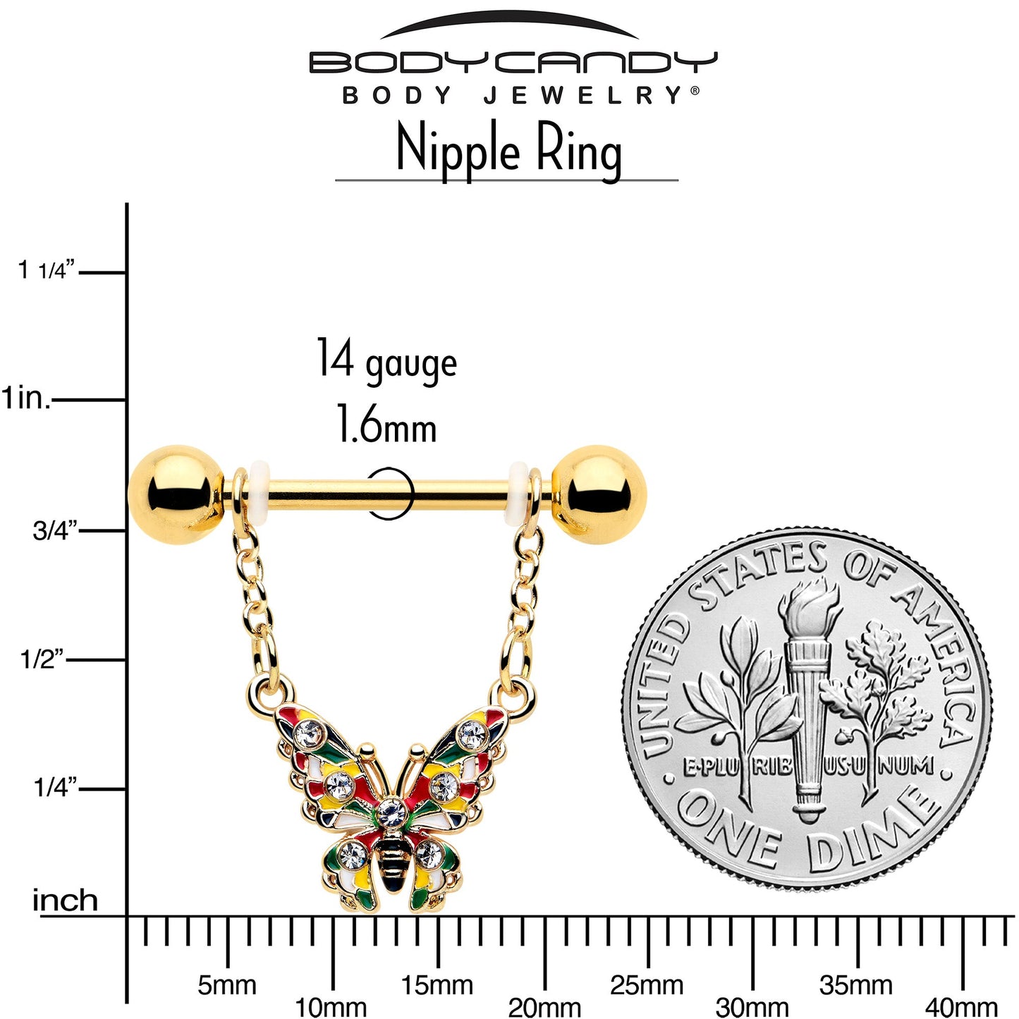 14G 9/16 Clear Gem Gold Tone Color Block Butterfly Dangle Nipple Ring Set