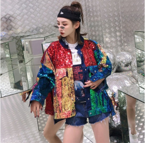 Thai Fashion Rainbow Sequin Long Sleeve Denim Jacket