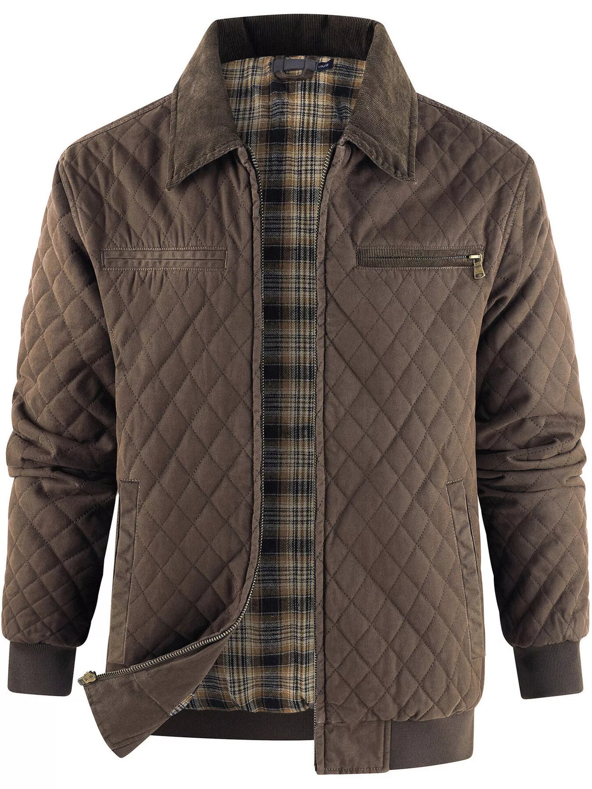 Men's Quilted Collared Neck Jacket with Plaid Lining