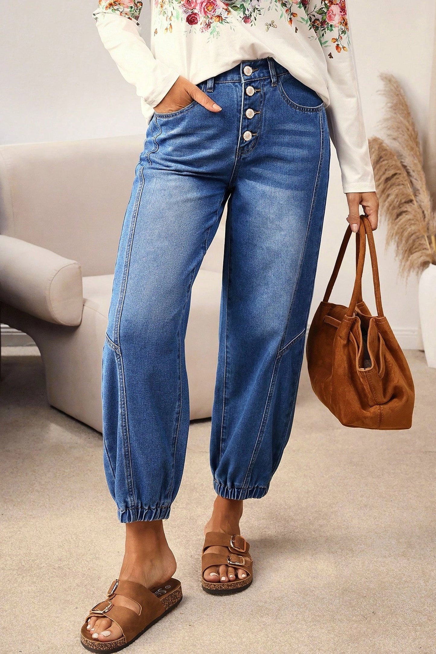 Jeans casuales de corte holgado cónico, azules, de 4 botones frontales
