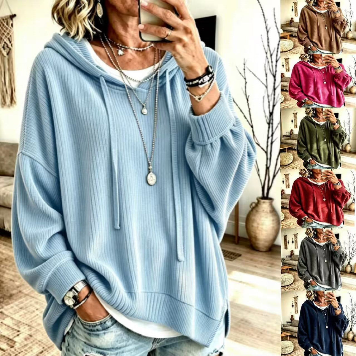 Women Ribbed Knit Drawstring Hoodie, Long Sleeve Drop Shoulder Slit Hem Loose Casual Sweatshirt