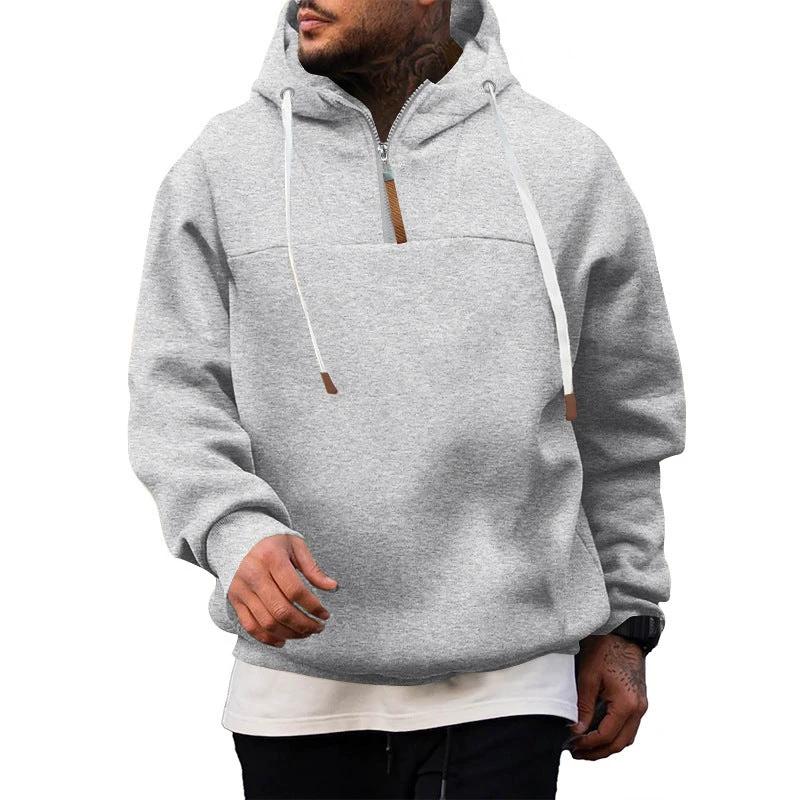 Men's Heavy Fleece-lined Half-zip Sporty Casual Hooded Sweatshirt