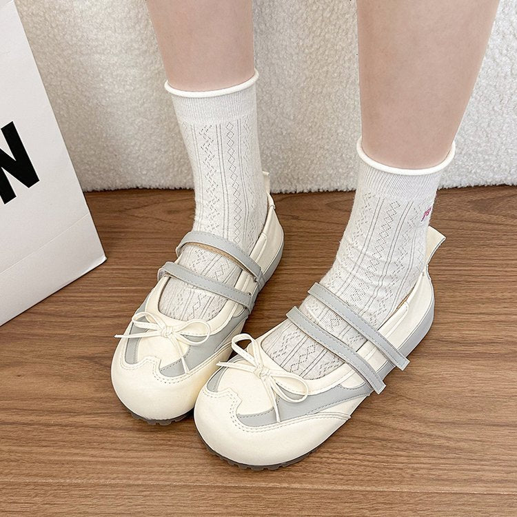 Women Sweet Bow Knot Double Strap Mary Jane Flats, Two Tone Spliced Round Toe Non Slip Casual Flat Shoes
