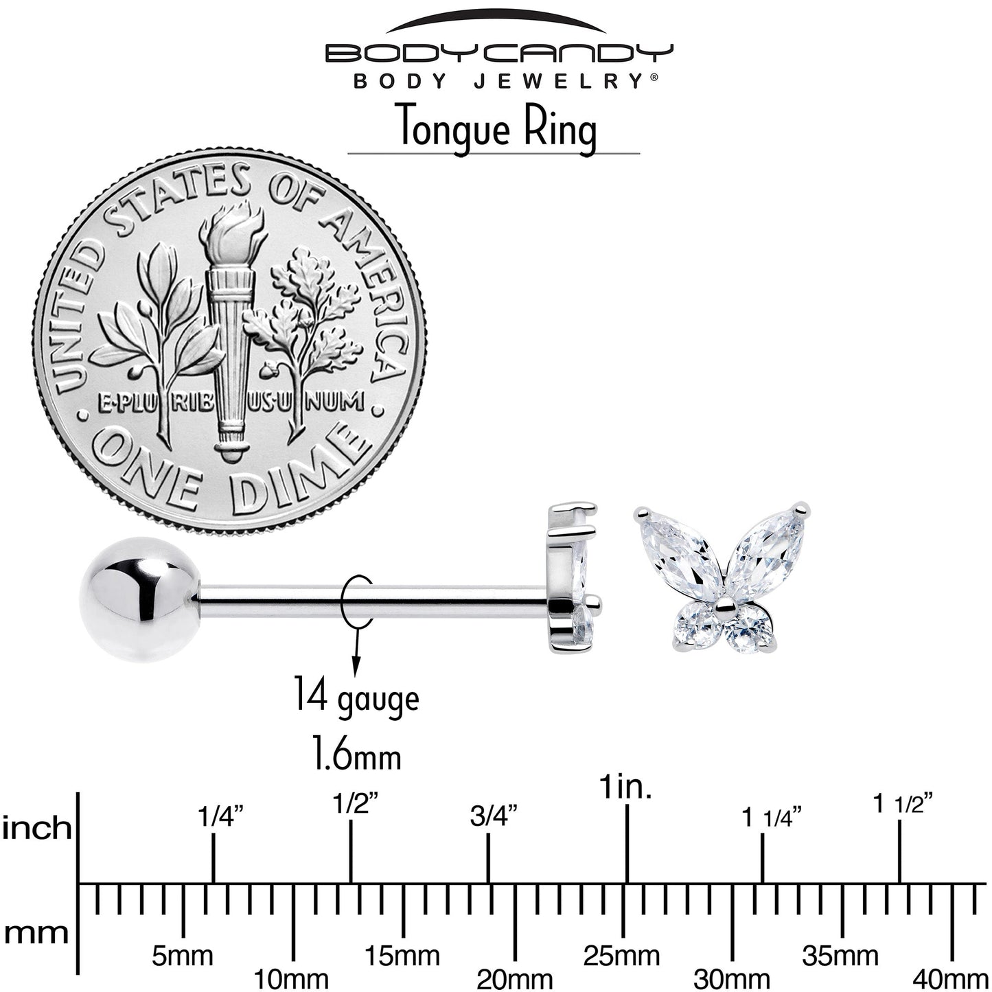 Clear CZ Gem Open Wing Butterfly Barbell Tongue Ring