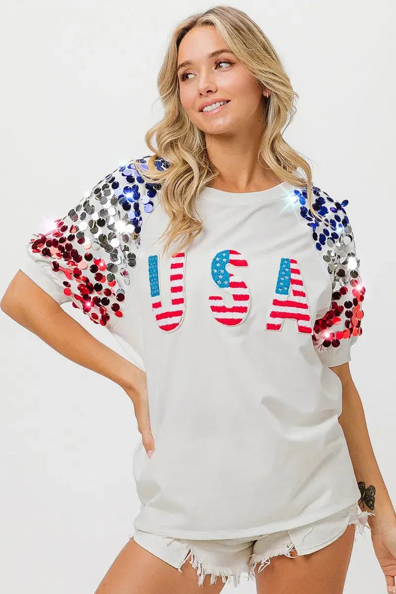 Women's T-Shirt Women's Tee - Sequin American Flag - Patriotic USA Made