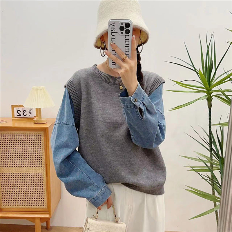Denim Sleeve Stitching Fake Two Pieces Sweaters Women