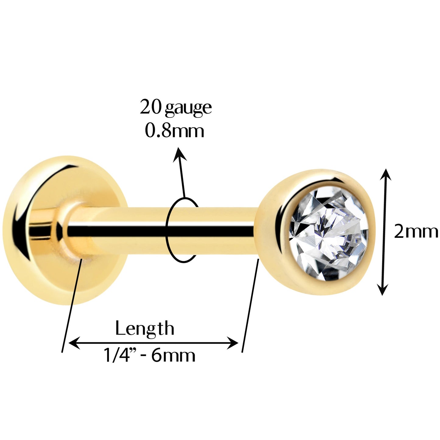 14k Solid Yellow Gold 2mm CZ Gem Threadless Push In Flat Back Stud