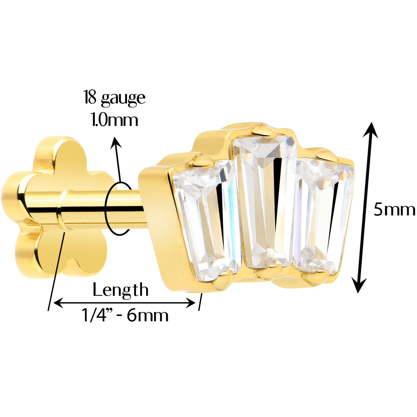 18G 1/4 Clear Gem 14k Gold Plated Implant Grade Titanium Threadless Flower Reversible Flat Back Earring