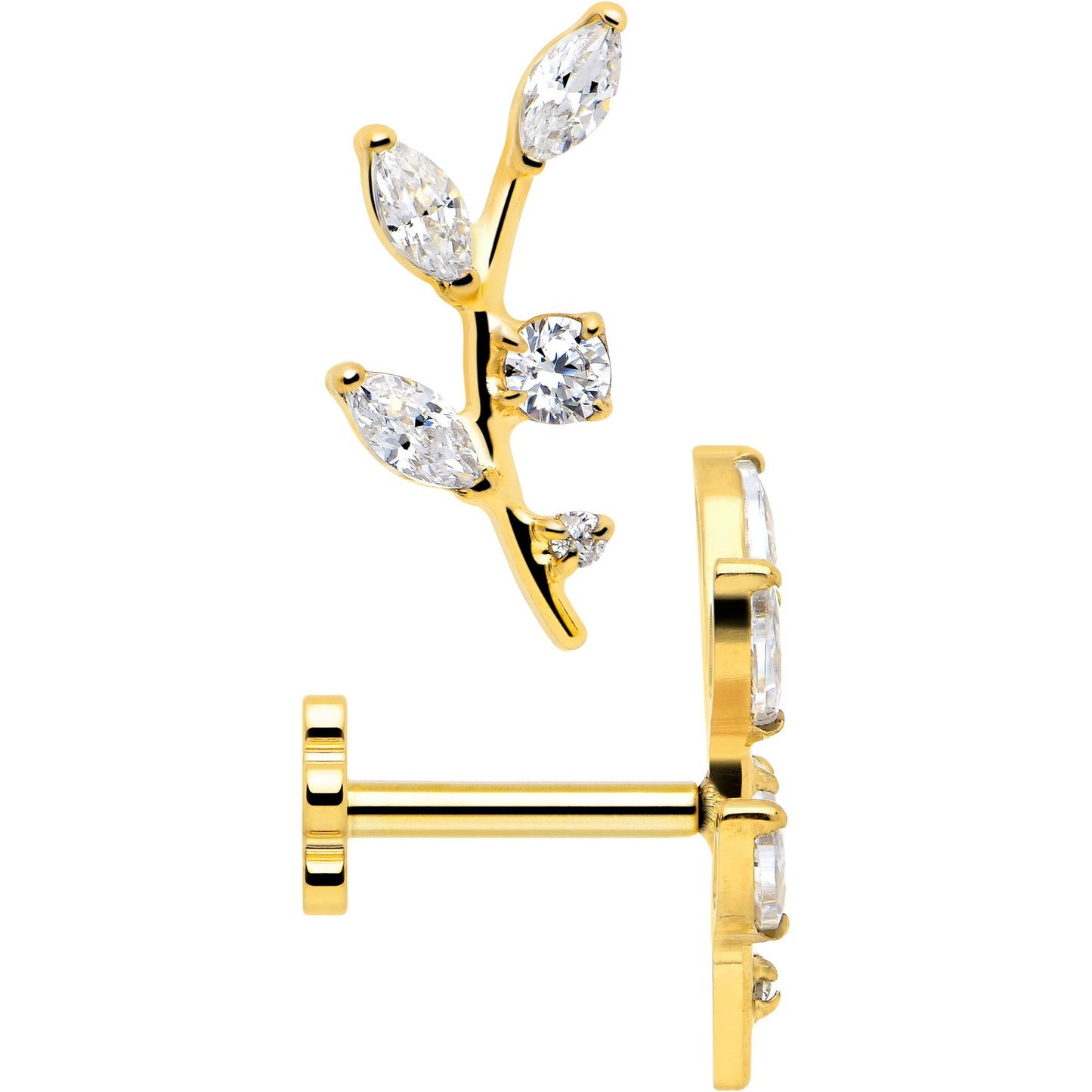 18G 1/4 Clear Gem Gold PVD Implant Grade Titanium Leaves Threadless Flatback Earring