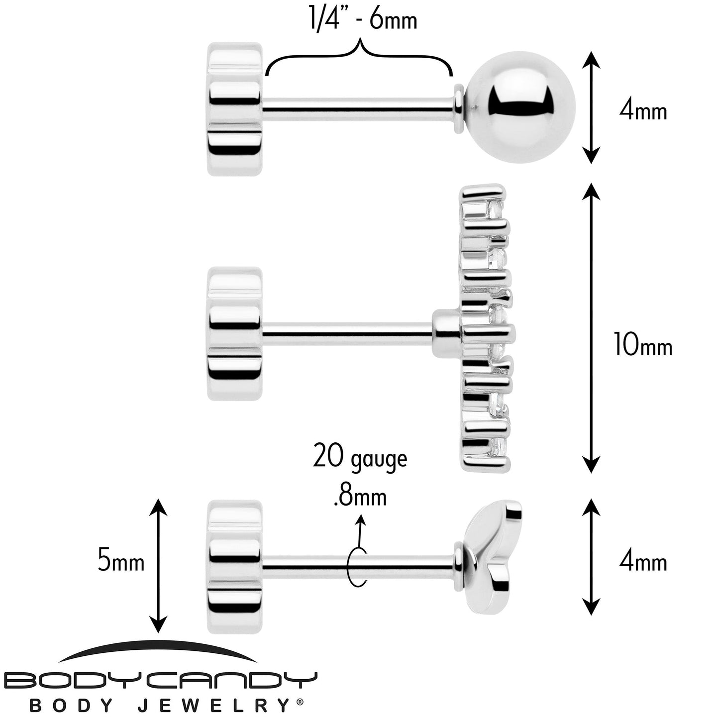 20G CZ Gem Ball Arch Butterfly Reversible Flower Flat Back Earring Set of 6