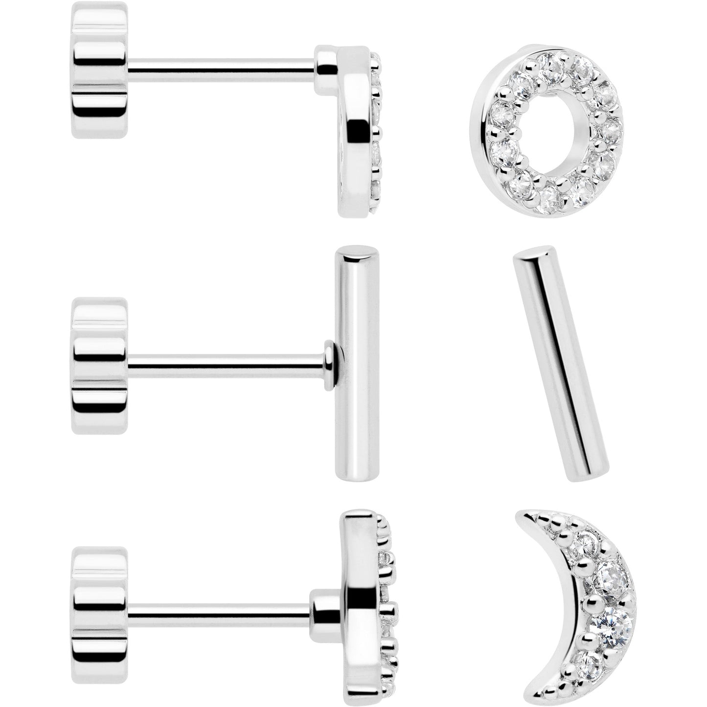 20G Clear CZ Gem Moon Circle Bar Reversible Flower Flat Back Earring Set of 6