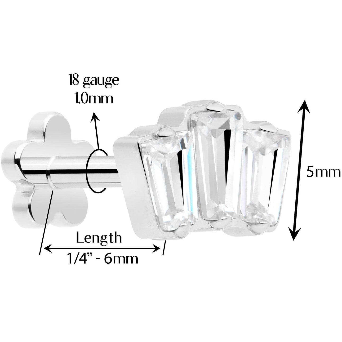 18G 1/4 Clear Gem Implant Grade Titanium Threadless Flower Reversible Flat Back Earring