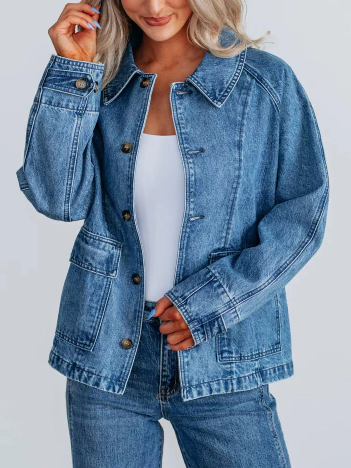 Button Up Raglan Sleeve Denim Jacket