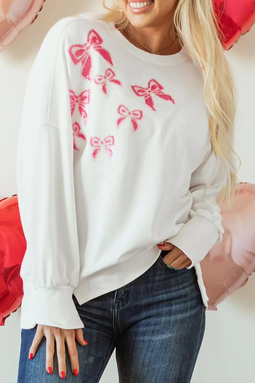 Love Salve Sequin Bow Sweatshirt White Oversized Pullover — Cozy Daily Wear