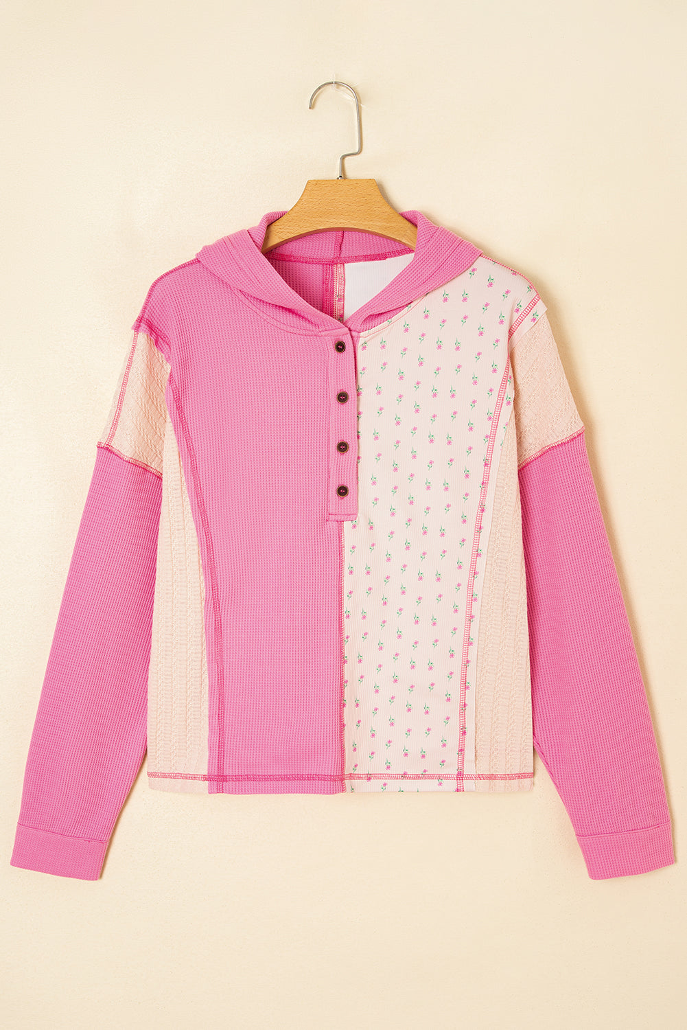 Top de punto gofre de textura mixta floral rosado con capucha y talla grande
