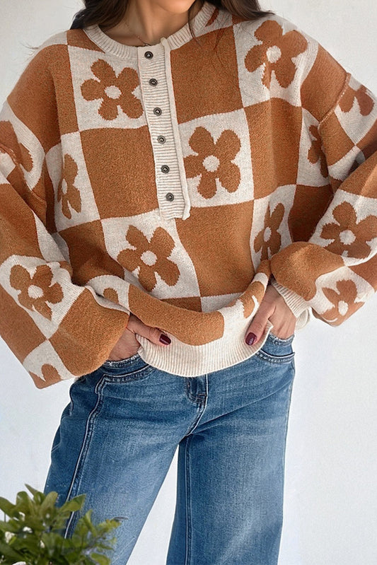 Suéter holgado tipo Henley a cuadros florales con curry tailandés