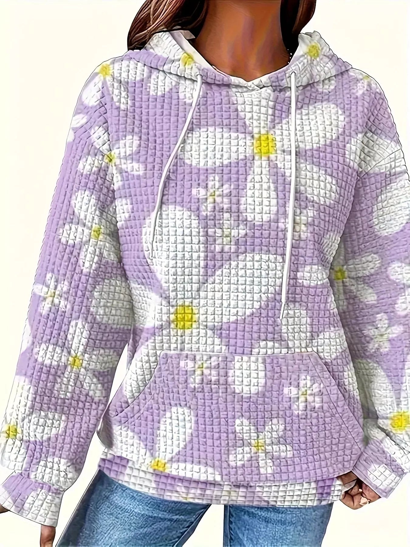 Sudadera con capucha y cordón con textura y estampado floral