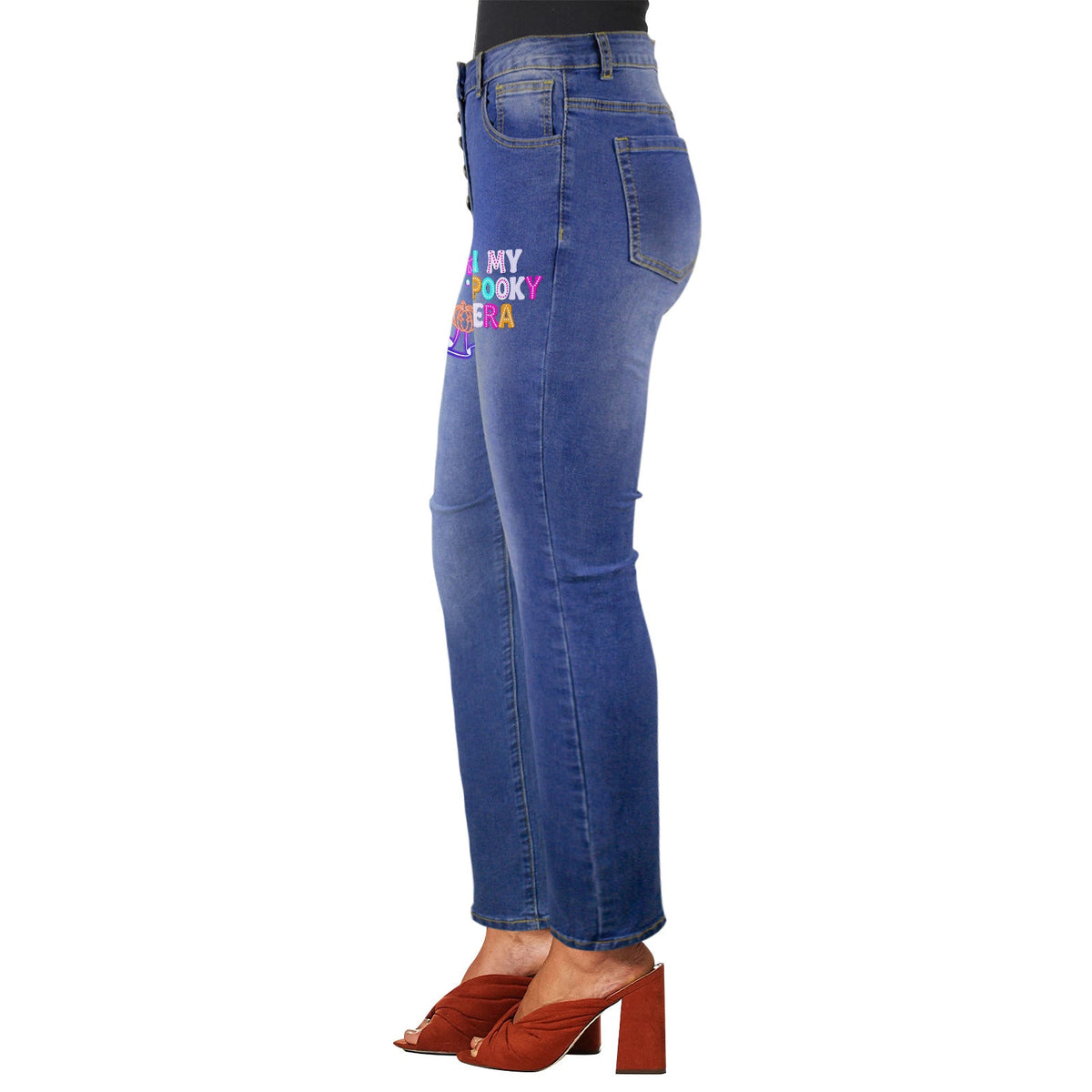 Women's Retro Halloween Neon Decorated Jeans with Front Printing