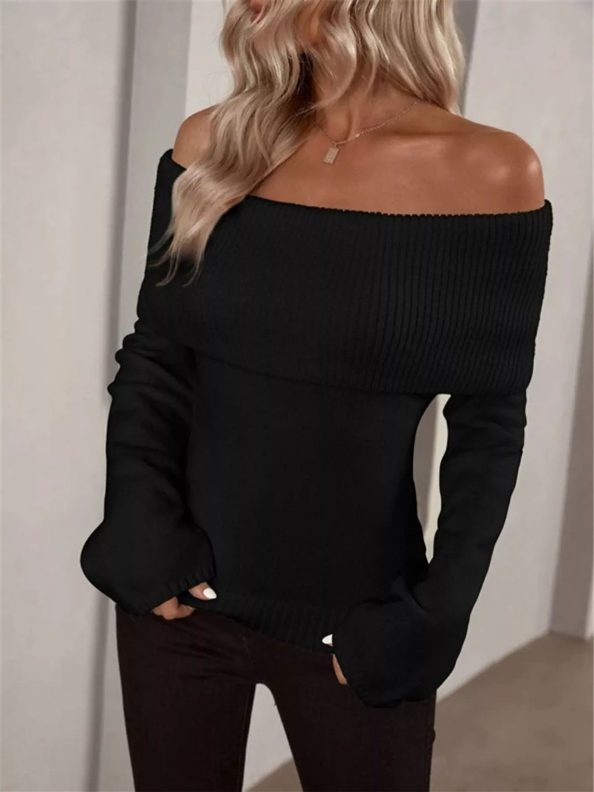 Off-Shoulder Ribbed Knit Sweater