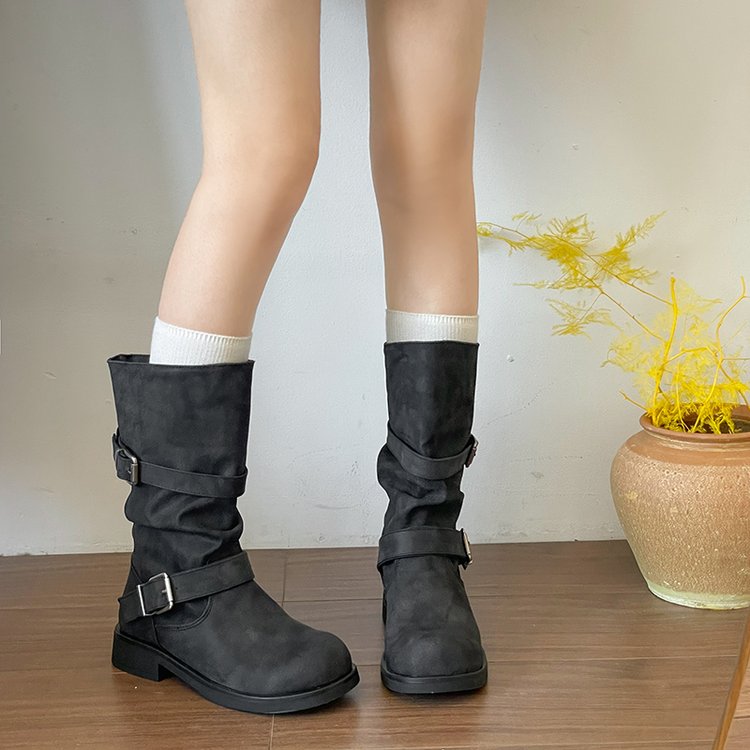 Women Distressed Vintage Slouchy Mid Calf Boots Multi Metal Buckle Straps Wrinkled Shaft Low Block Heel Pull On Biker Booties Retro Y2K Casual Street Medium Shaft Boots
