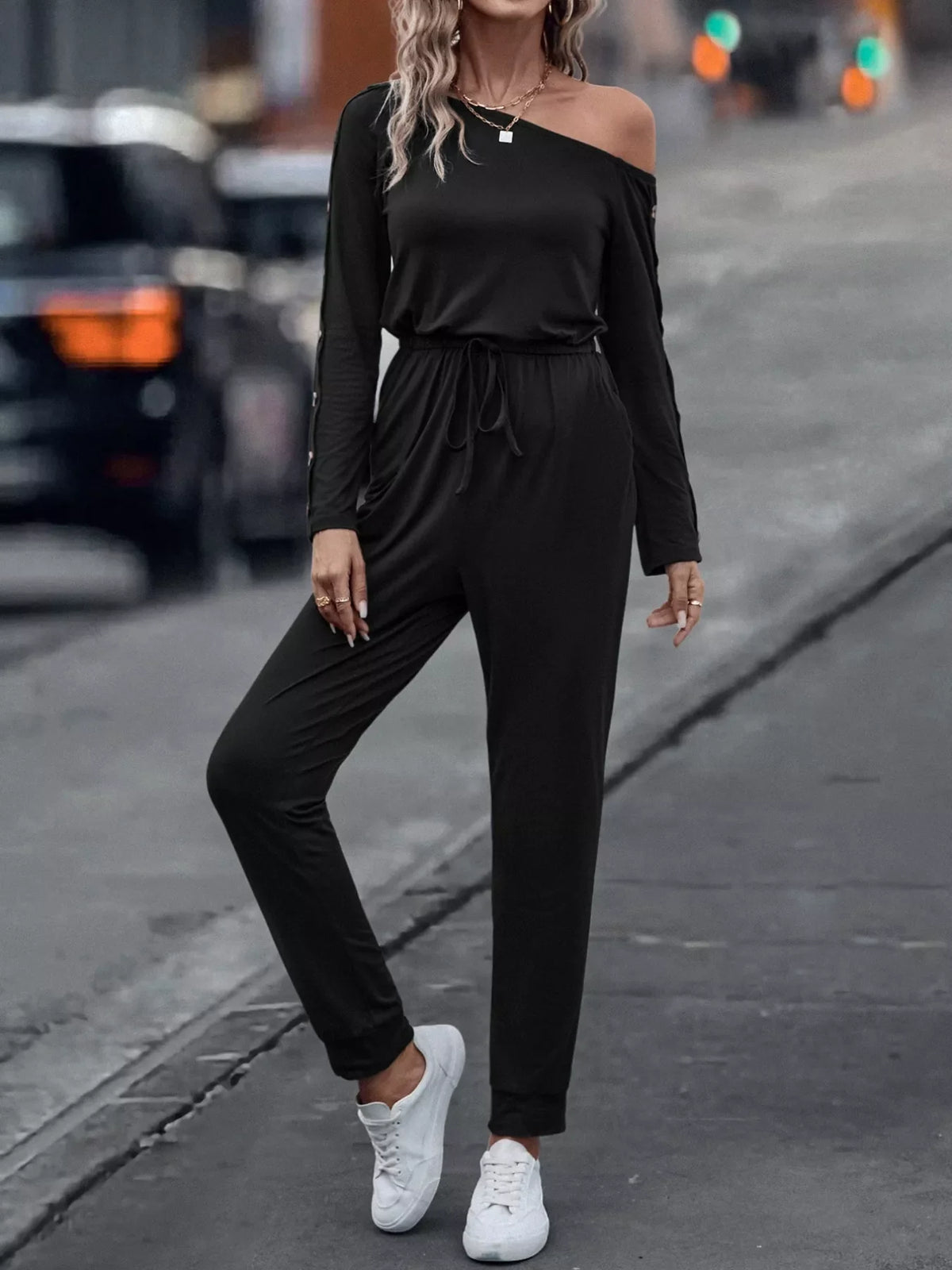 One Shoulder Long Sleeve Jumpsuit