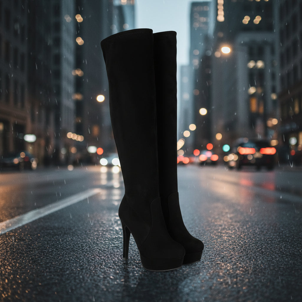 Botas de montar de tacón alto de ante elástico hasta la rodilla para mujer