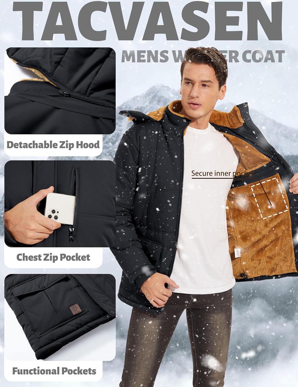 7DAY'S Men's Winter Jacket with Hood Water Repellent Windproof Thicken Parka Winter Coat