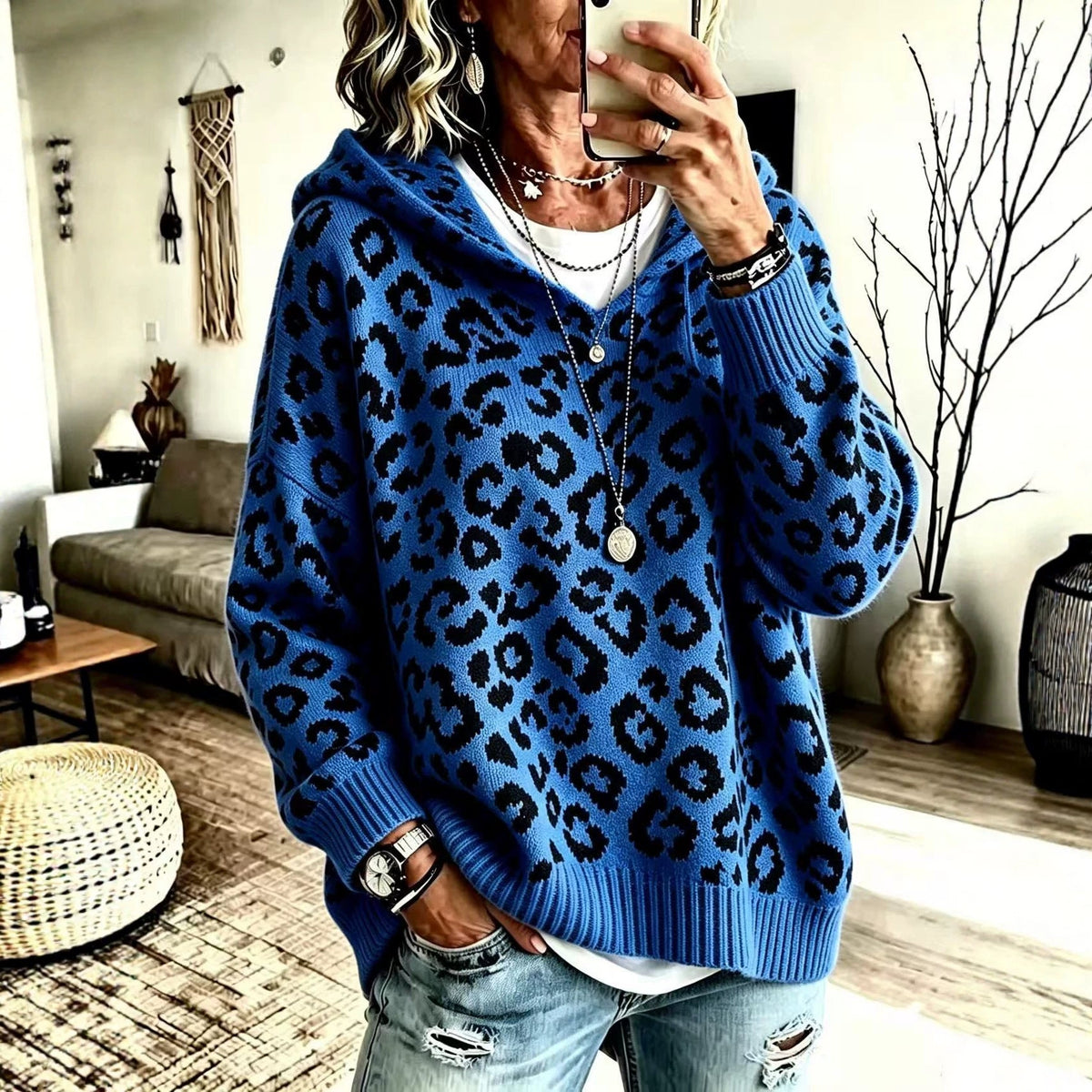 New Fallwinter Womens Leopard-print Hooded Knit Sweatshirt