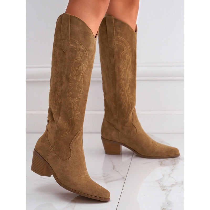 Chunky Heel Knee-High Slip-On Boots