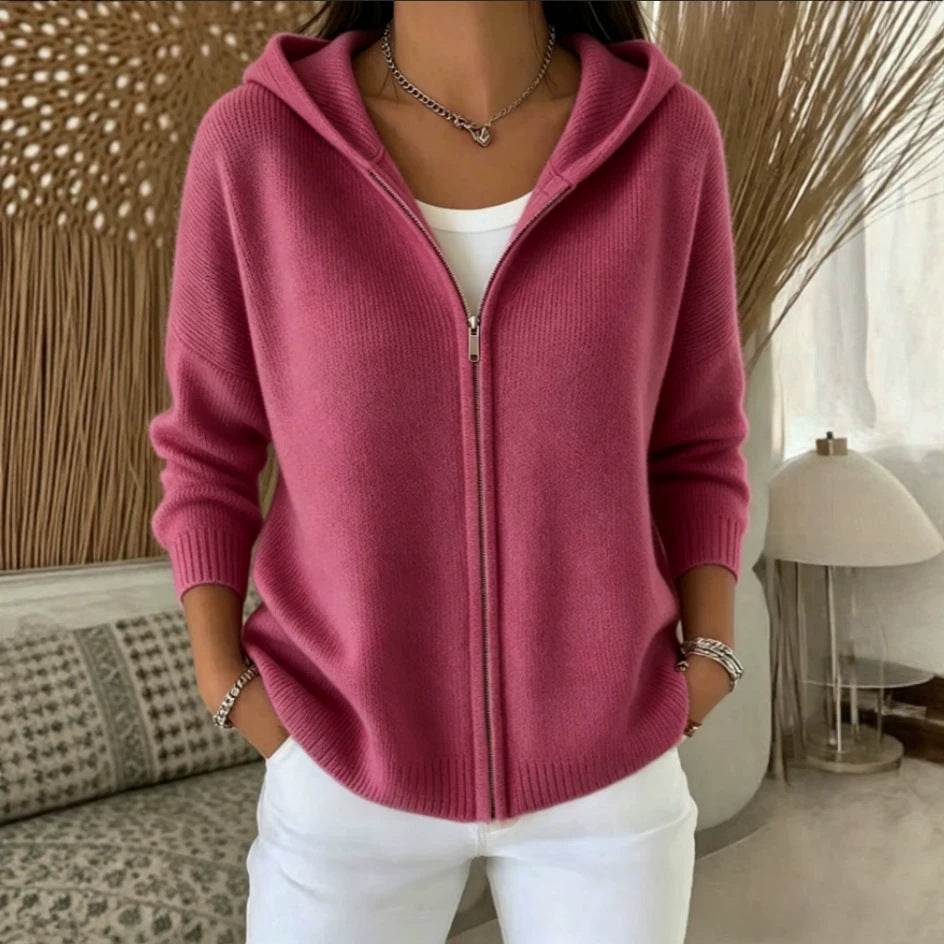 Zip-Up Knitted Hooded Cardigan Coat – Women’s Sweater